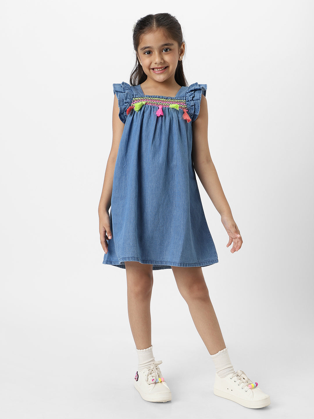 Nautinati Girls Embroidered Taselled Sleeveless Casual Wear Denim Dress