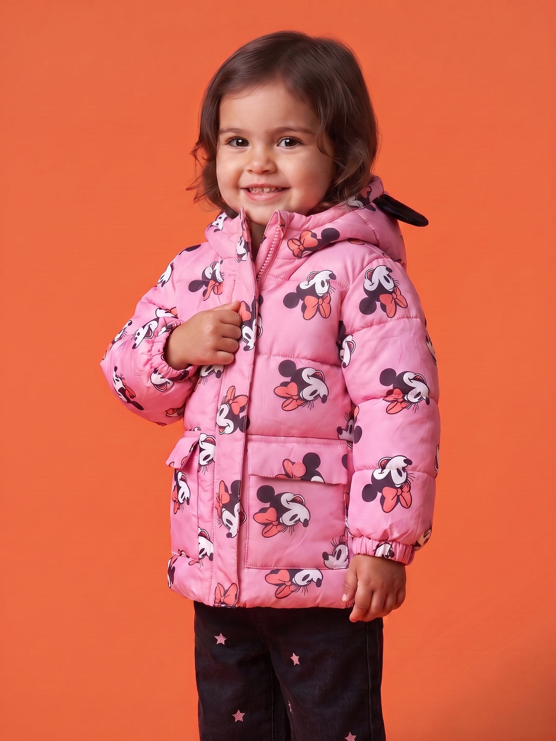 Nautinati Baby Girls Disney Minnie Mouse Regular Fit Hooded Puffer Jacket Front Zip