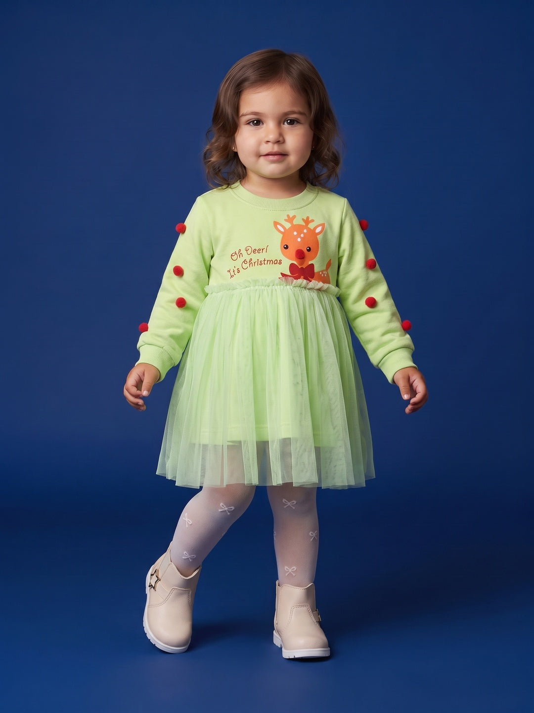 Nautinati Baby Girls Christmas Reindeer Sweatshirt Frock with Pom Pom Applique Sleeves