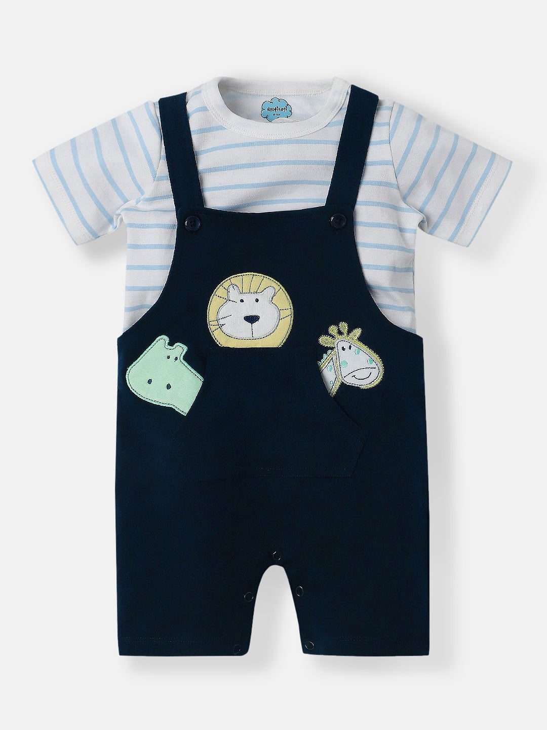 Nautinati Infants Animal Embroidery Cotton Dungaree with Striped T-shirt