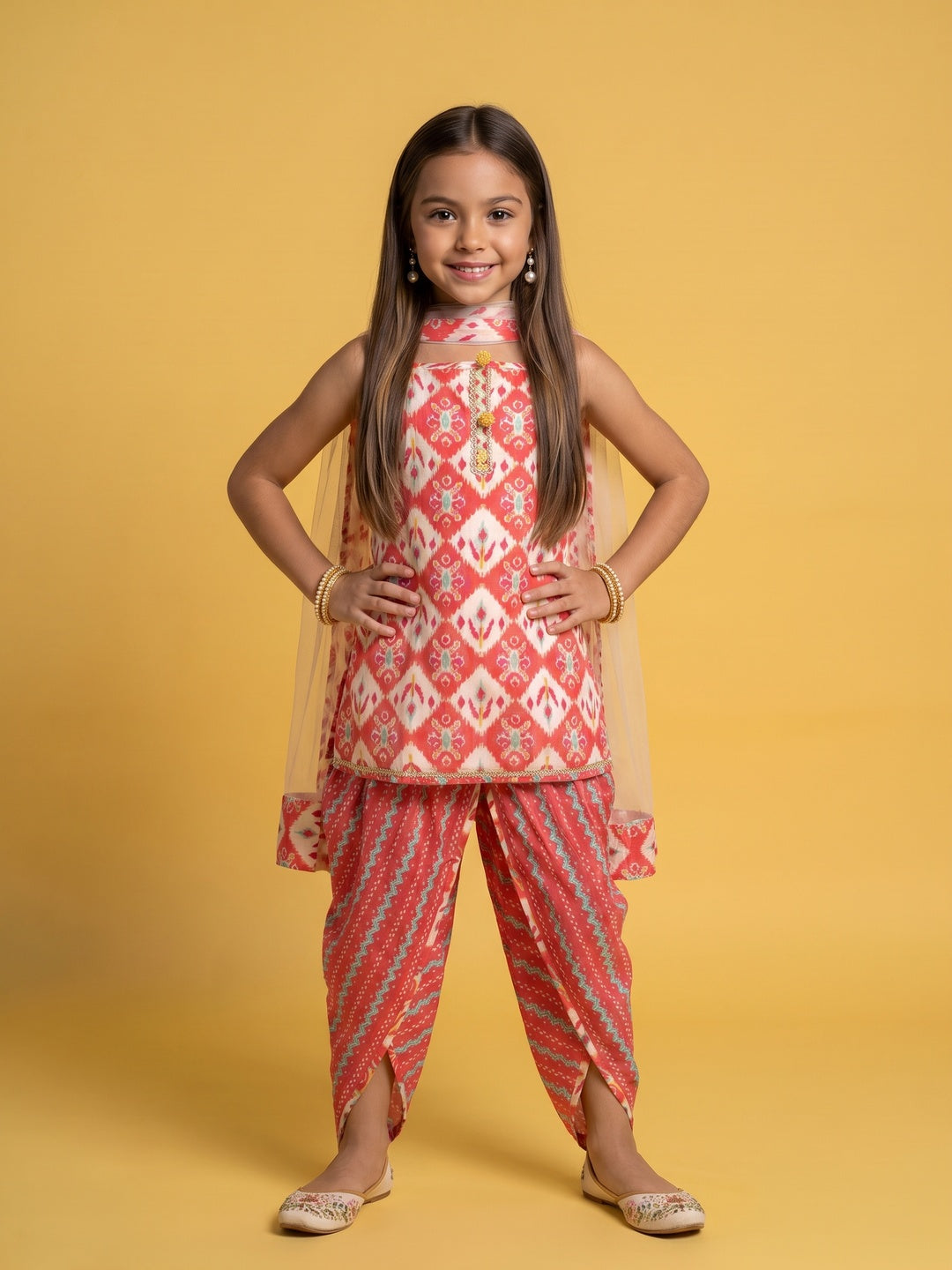 Nautinati Girls' 100% Cotton All-over Print Kurti With Dhoti Pants & Net Dupatta
