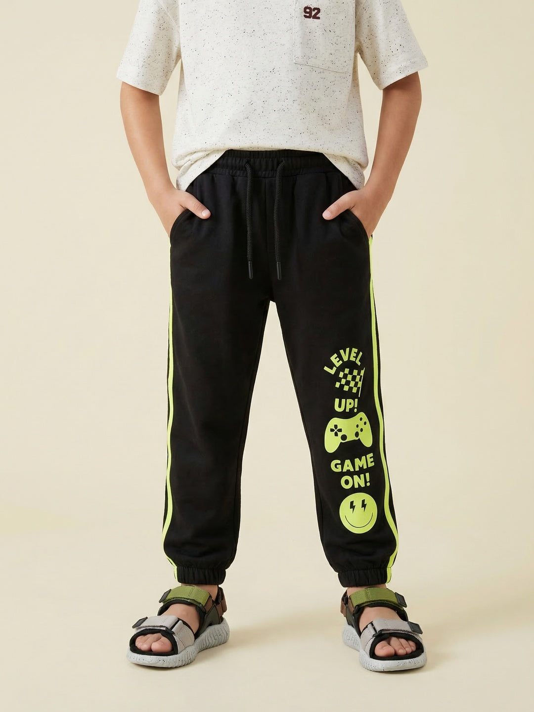 Nautinati Boys’ 100% Cotton Black Gamer Graphic Joggers with Contrast Piping