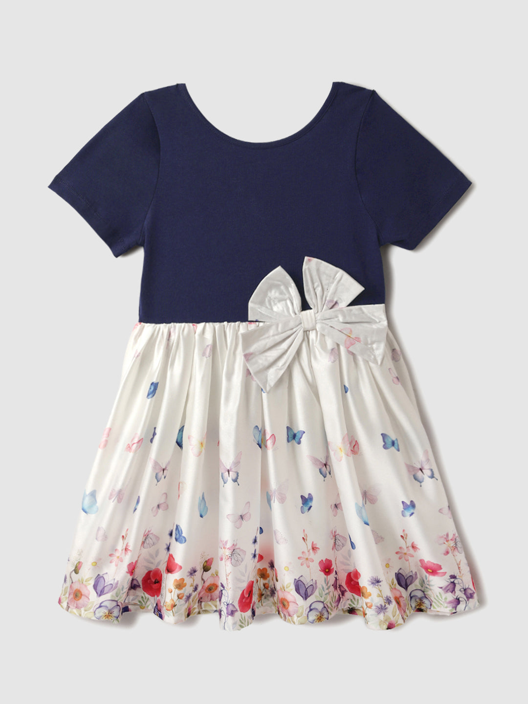 Nautinati Blue & White Japanese Satin Dress With a Bow for Girls
