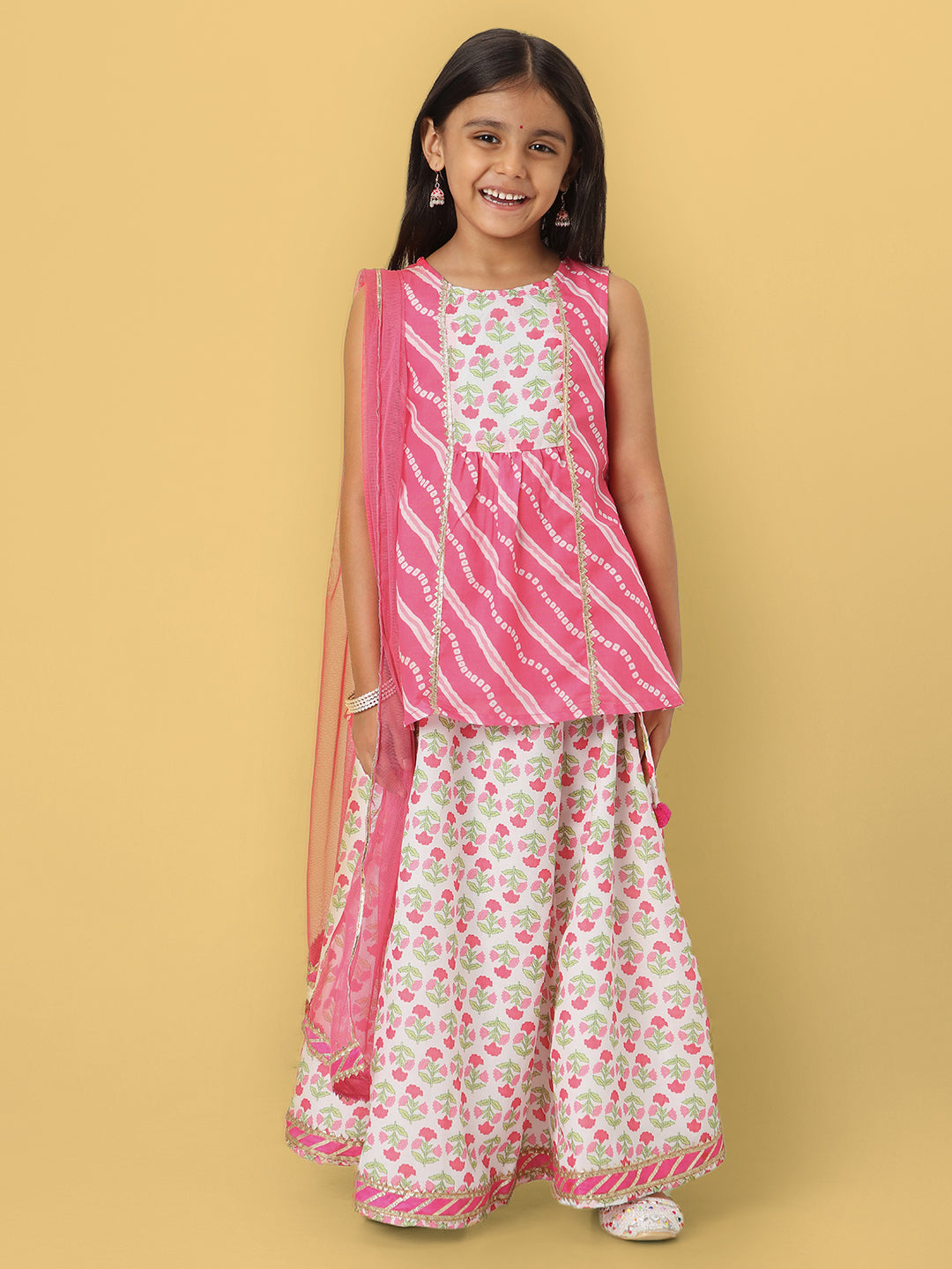 Nautinati Girls' Printed Sleeveless Kurta Set with Dupatta