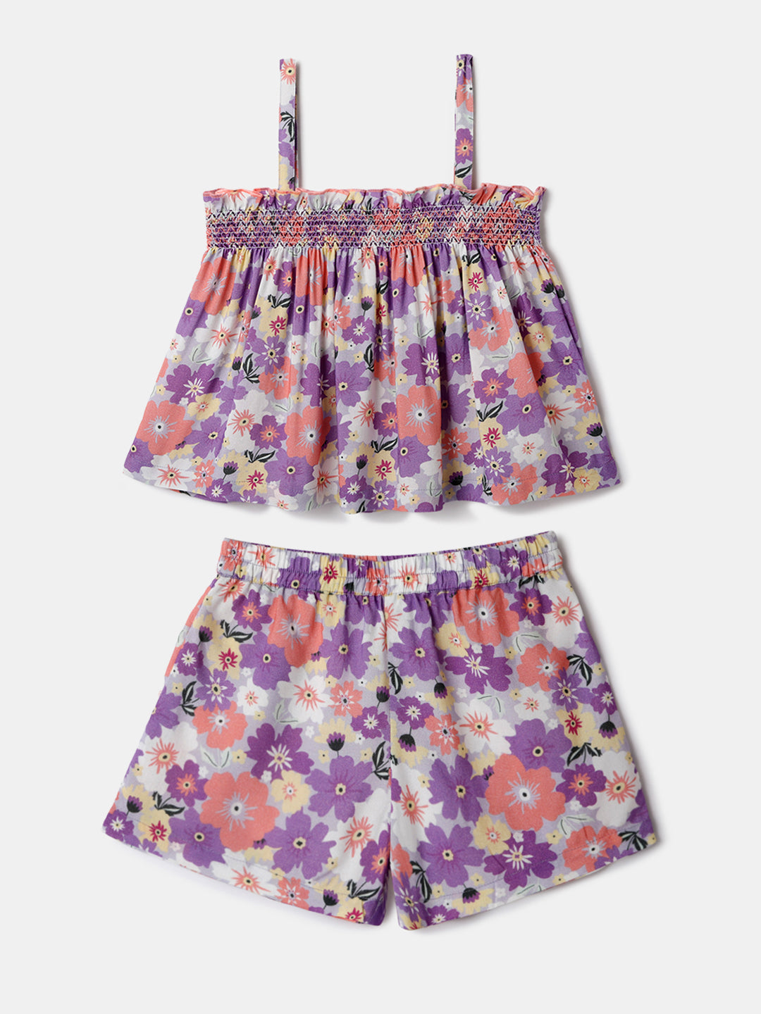 Nautinati Purple Printed Top and Shorts Set for Girls