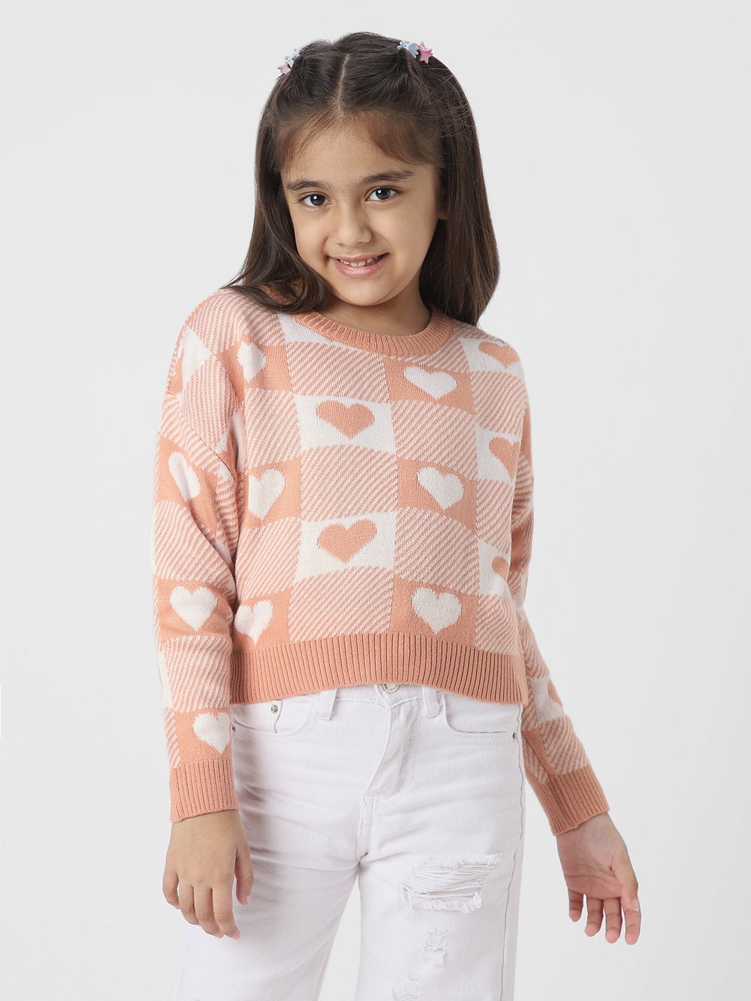 Girls Pink Self Design Acrylic Pullover Sweater