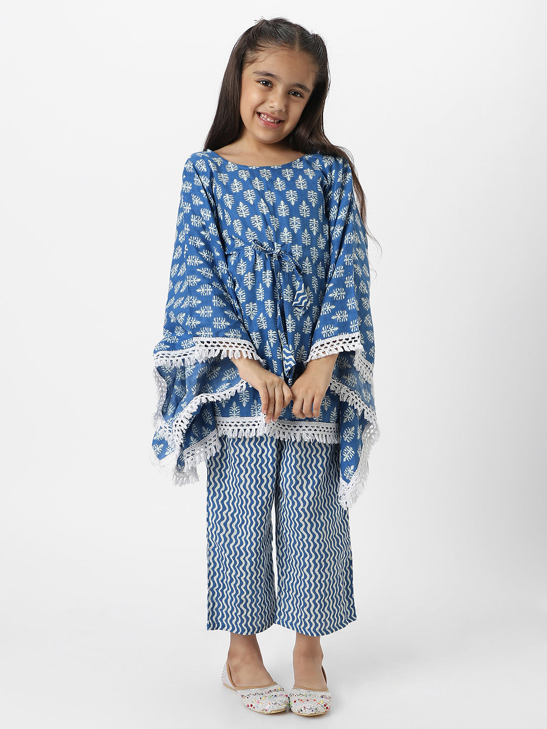 Nautinati Girl's Block Printed Blue Kaftaan Ethnic Set