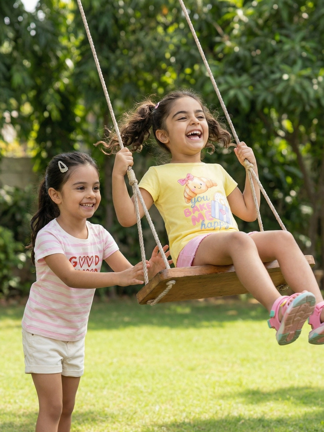 Nautinati Girls' 100% Cotton Pack of 2 Graphic & Striped Crew Neck T-shirts