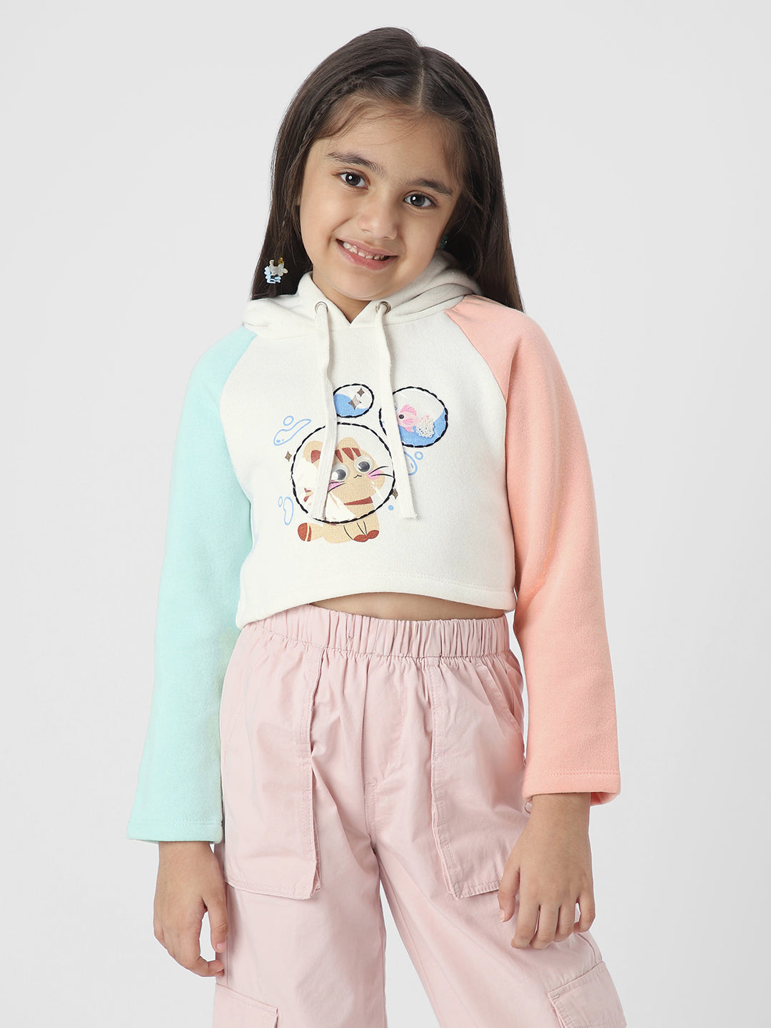 Girls Printed Cropped Sweatshirt With Colourblock Sleeves