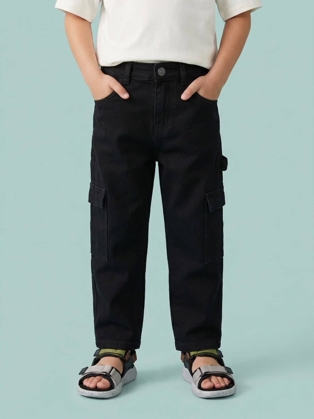Nautinati Boys Pure Cotton Black Loose Fit Cargo Jeans