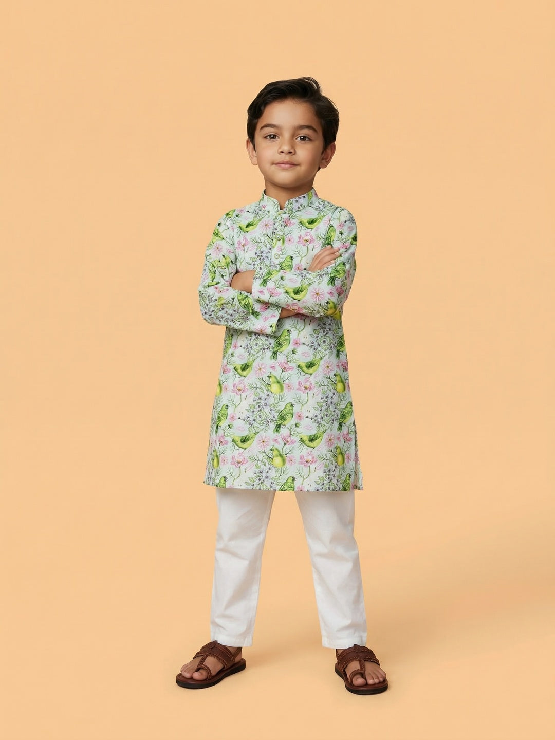 Nautinati Boys' 100% Cotton Festive Resort Style Tropical Print Kurta & Pyjama Set