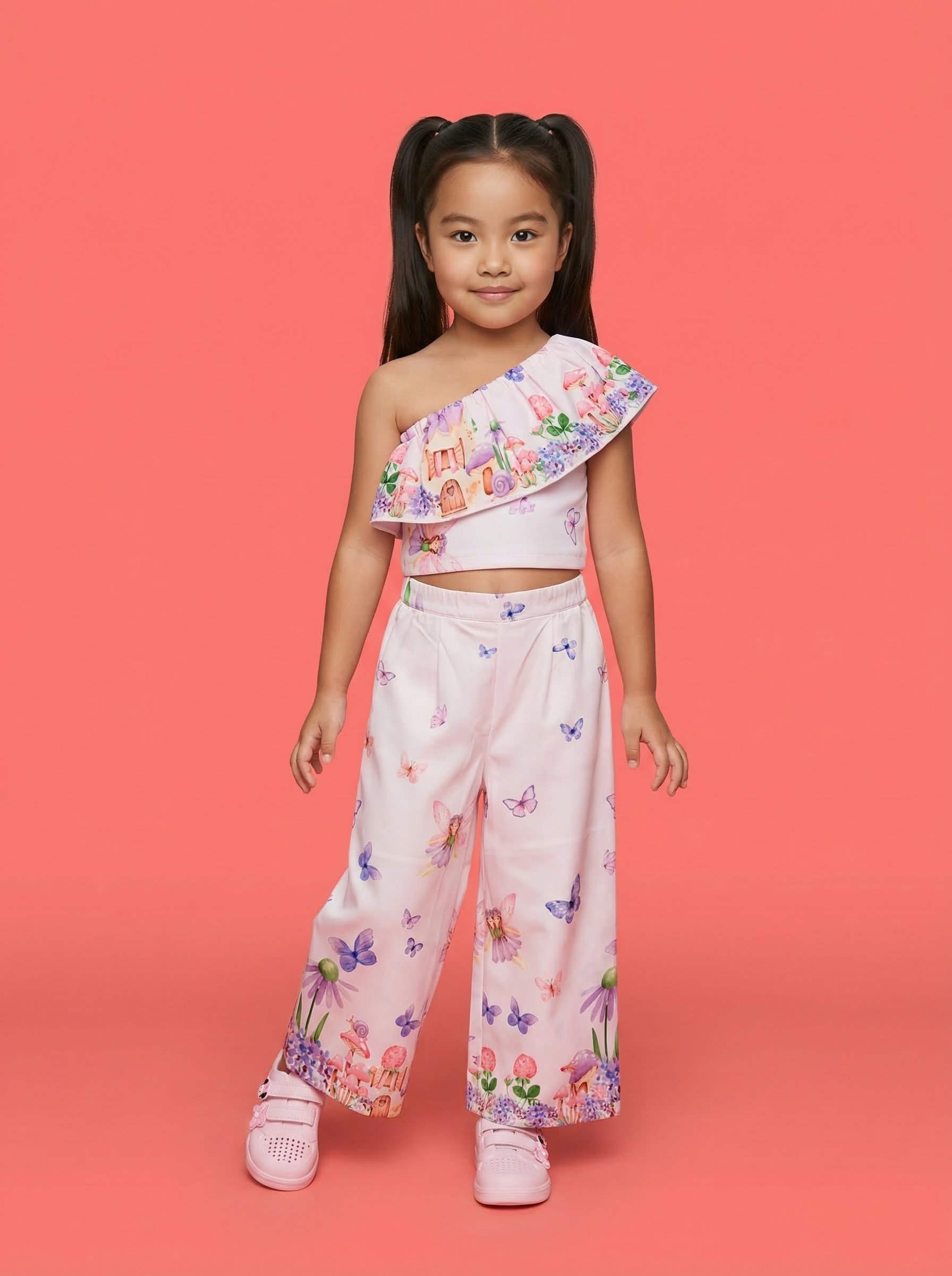 Nautinati Girls Printed Off-shoulder Lilac Crop Top with Wide Legged Pants Co-ord Set