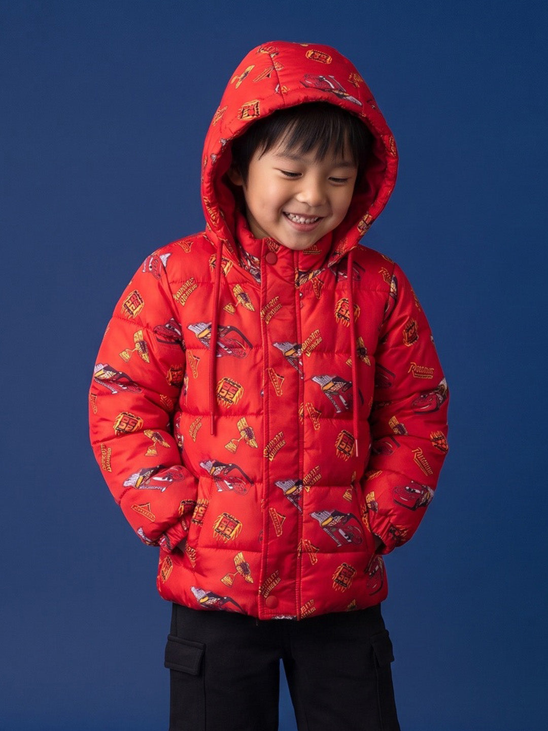Nautinati Boys Disney Cars Printed Hooded Red Puffer Jacket with Detachable Hood