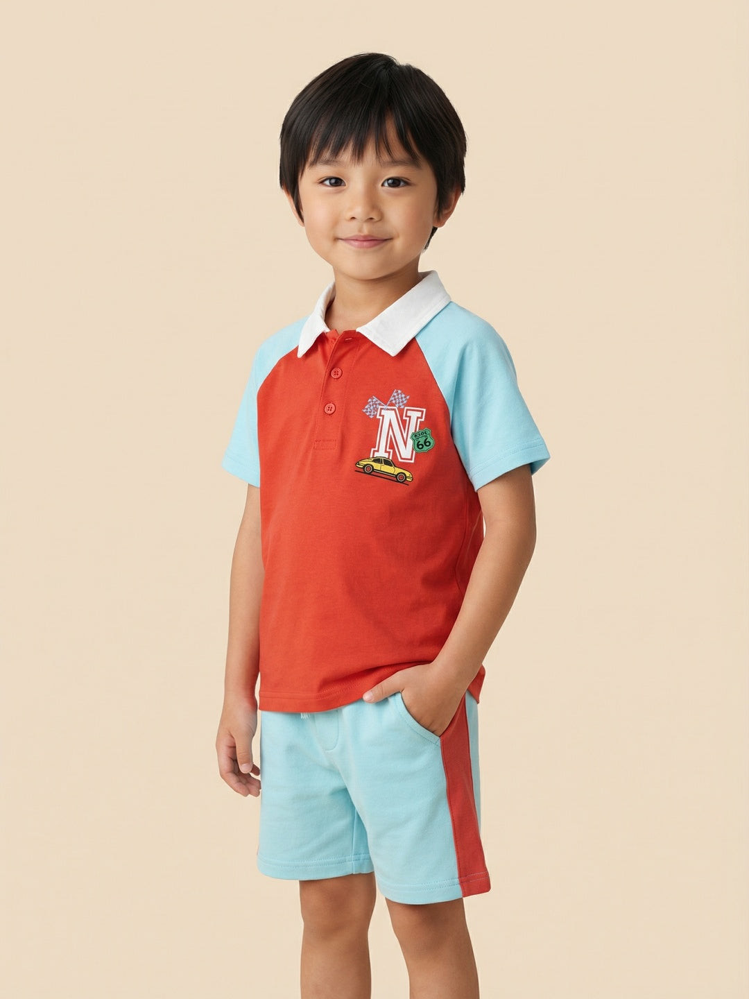 Nautinati Boys Racing Car Print Regular Fit Cotton T-shirt and Shorts Clothing Set