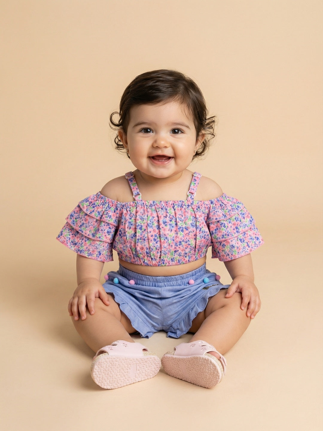 Nautinati  Girls' Cotton All-over Floral Printed Top and Shorts Co-ord Set
