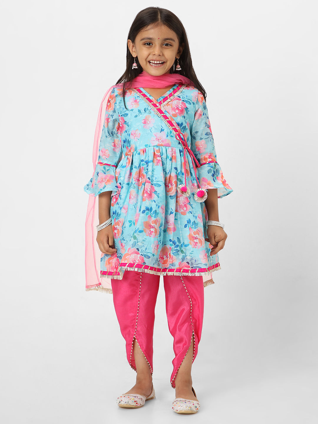 Nautinati Girls' Printed Chanderi Kurta Set with Dupatta