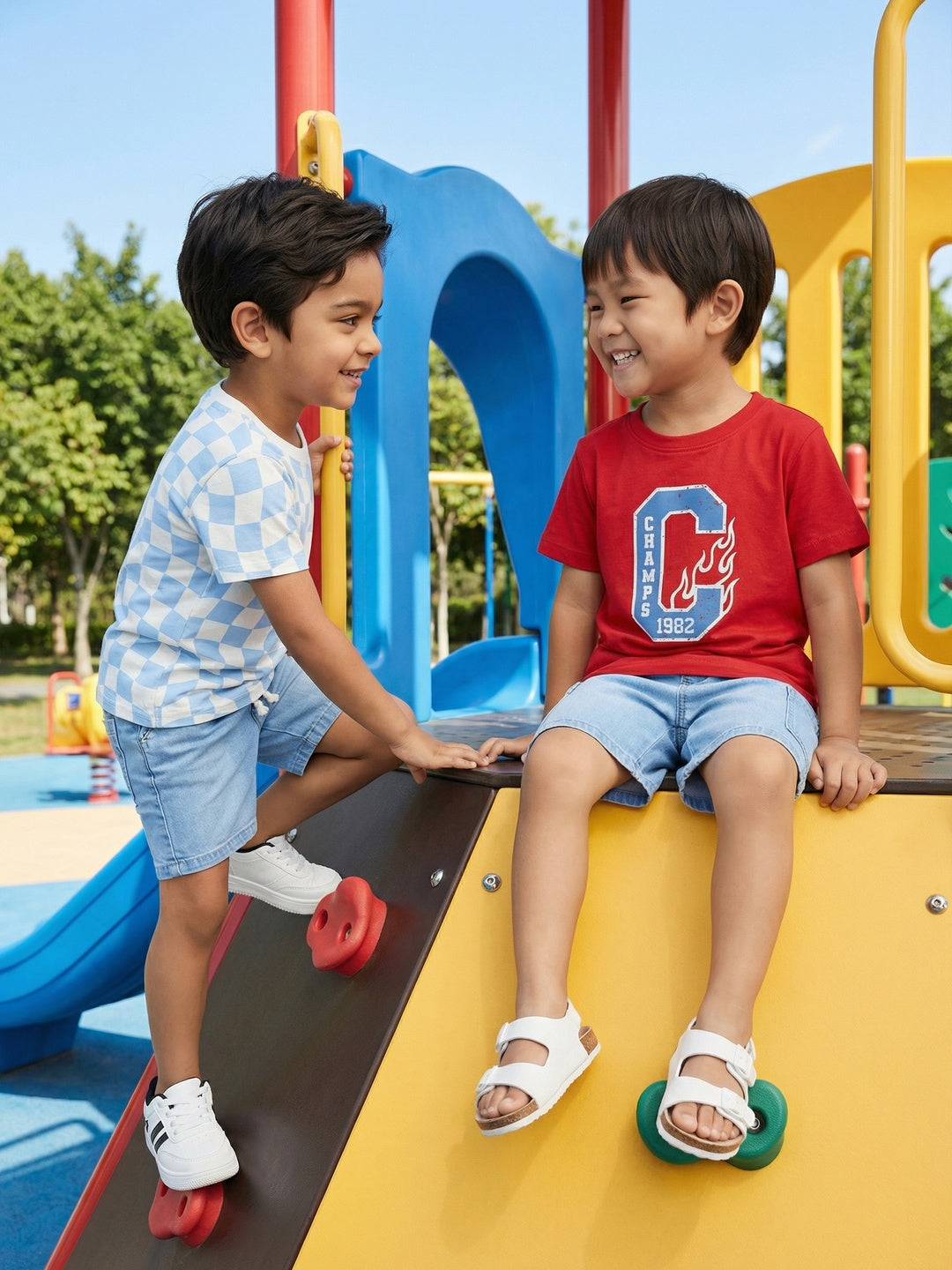 Nautinati Boys' 100% Cotton Pack of 2 Racing Graphic & Chequered Crew Neck T-shirts