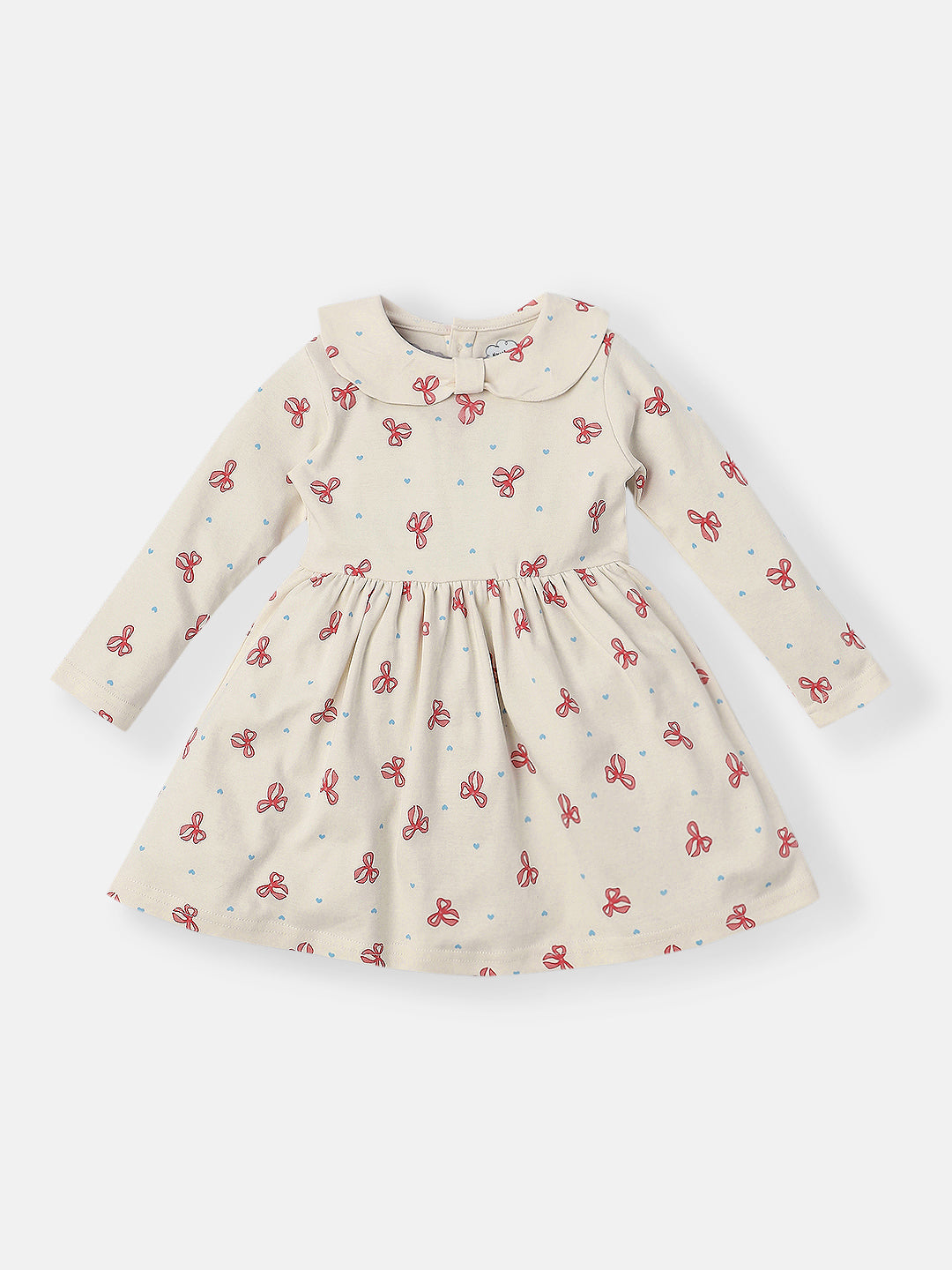 Nautinati Infants Cotton Peter Pan Collar Bow Printed Dress with Headband