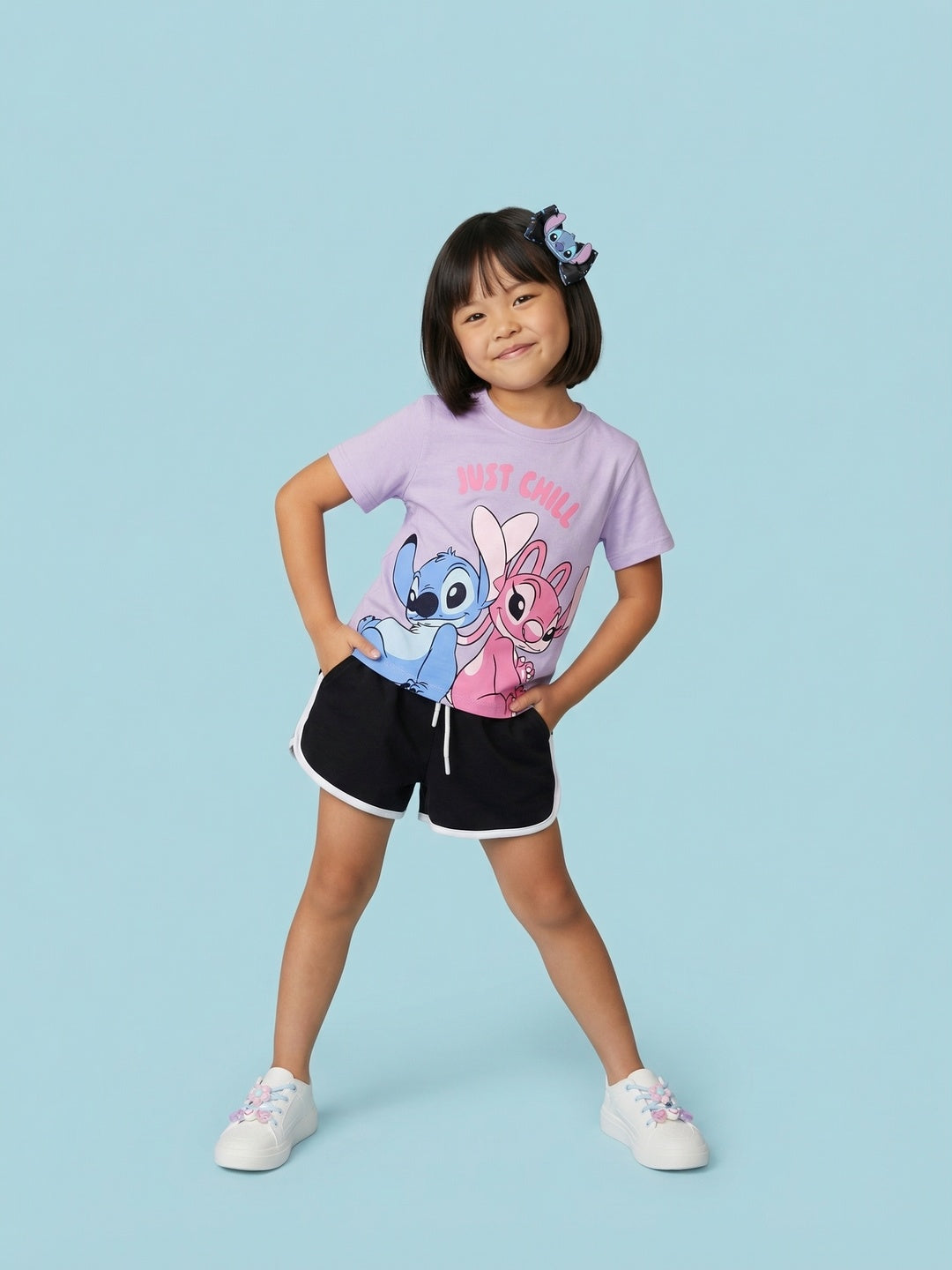 Nautinati Girls Lilo & Stitch Printed Regular Fit Round Neck T-shirt and Shorts Set
