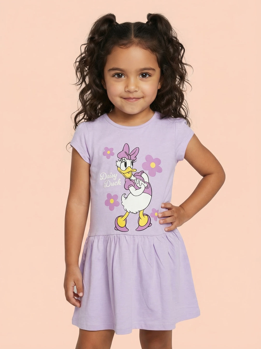 Nautinati Girls' 100% Cotton Disney Daisy Duck Floral Placement Print A-line Dress