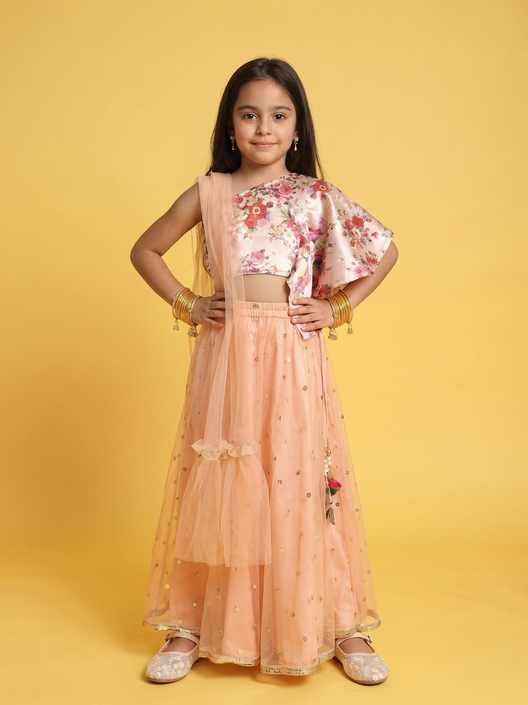 Nautinati Girls Light-Pink Printed Sleeveless Polyester Ethnic