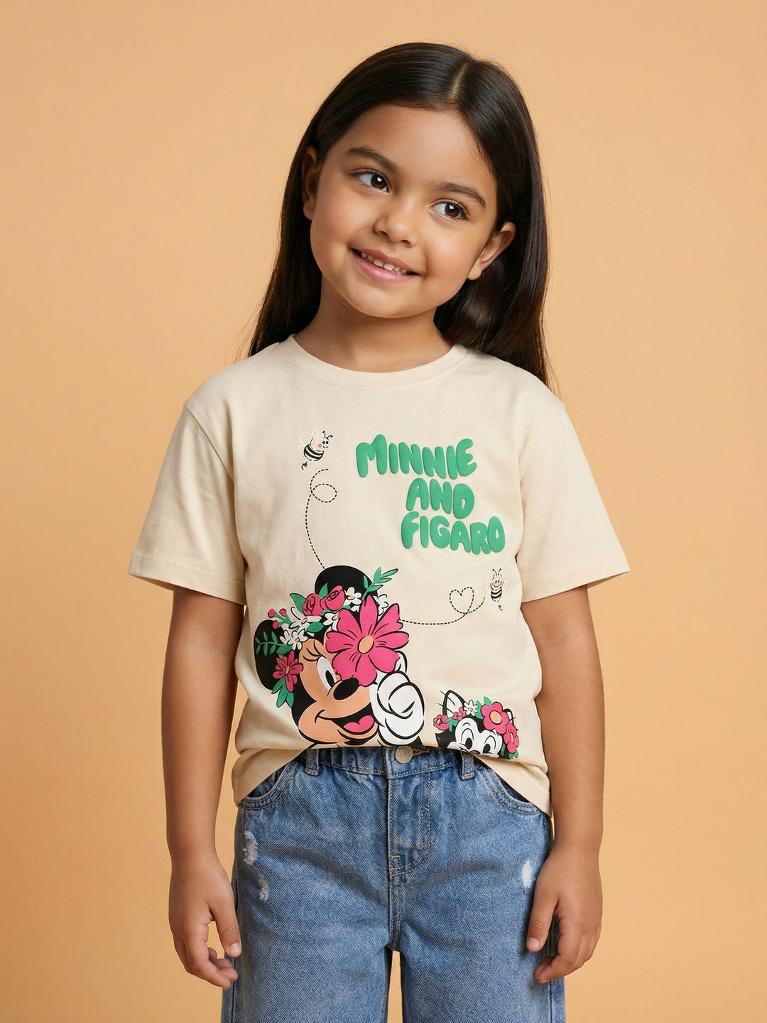 Nautinati Girls' 100% Cotton Disney Minnie & Figaro Garden Graphic Oversized Crew Neck T-shirt