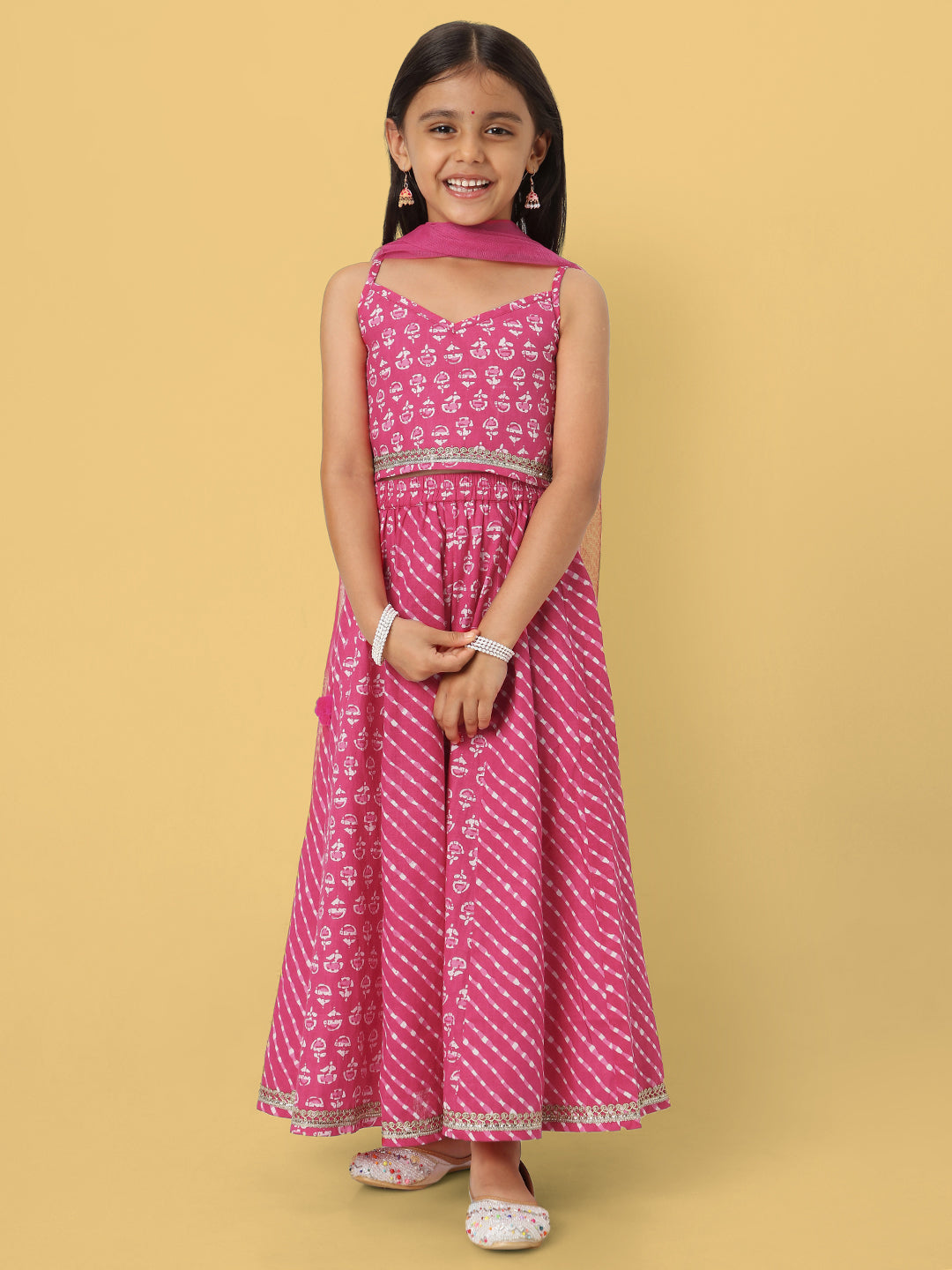 Nautinati Girls' Printed Sleeveless Pink Lehenga Set with Dupatta