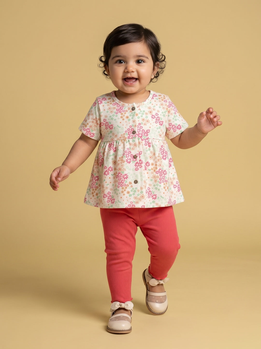 Nautinati Baby Girls' 100% Interlock Cotton All-over Print Floral Top & Ribbed Texture Trousers Combo Set