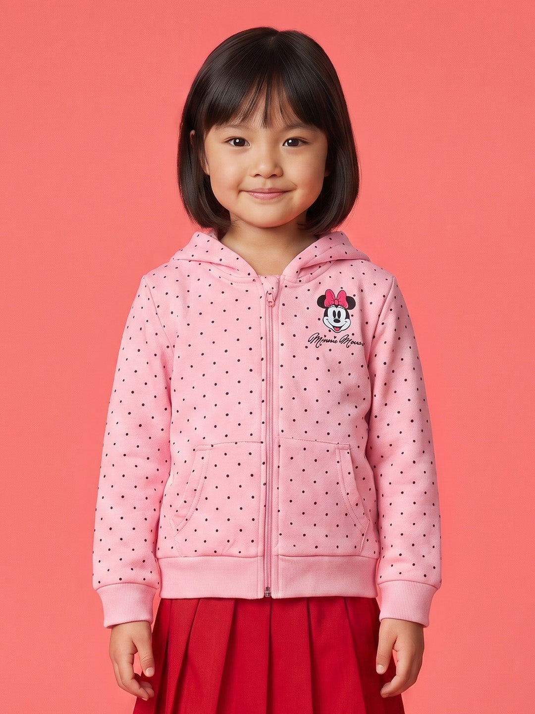 Nautinati Girls Disney Minnie Mouse Polka Dot Zip-Up Hoodie with Bow Applique