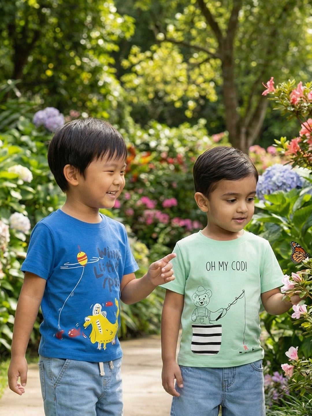 Nautinati Boys' Cotton Sea Animal and Bear Printed Pack of 2 T-shirts