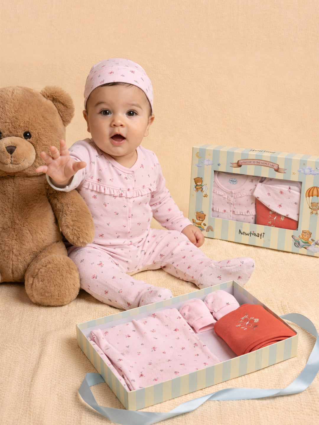 Nautinati Baby Girls' 100% Interlock Cotton Baby Pink & Red Graphic Printed 6-pieces Gift Set