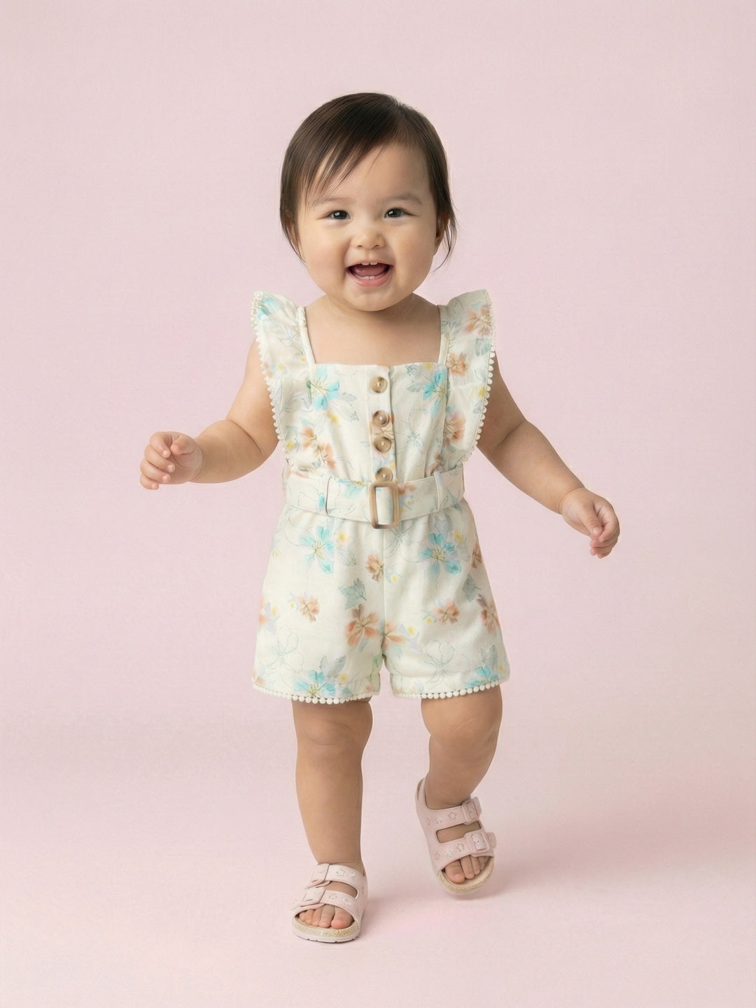 Nautinati Girls' 100% Cotton All-over Floral Print Jumpsuit with Mock Belt