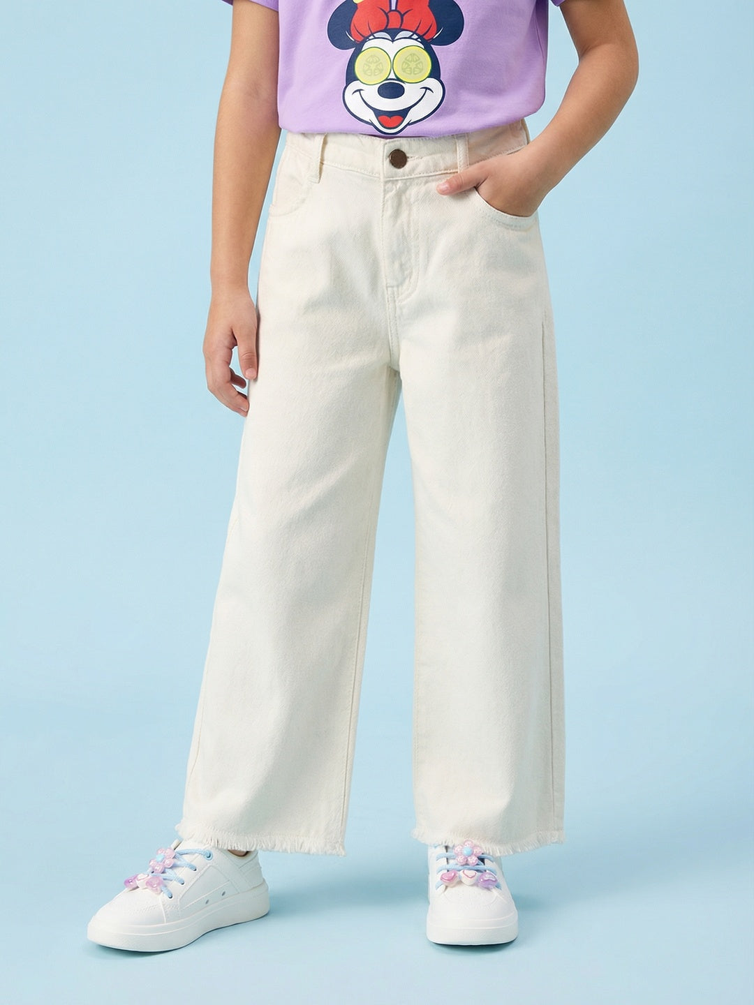 Nautinati  Girls' 100% Cotton White Overdyed Wide-leg Essentials Jeans