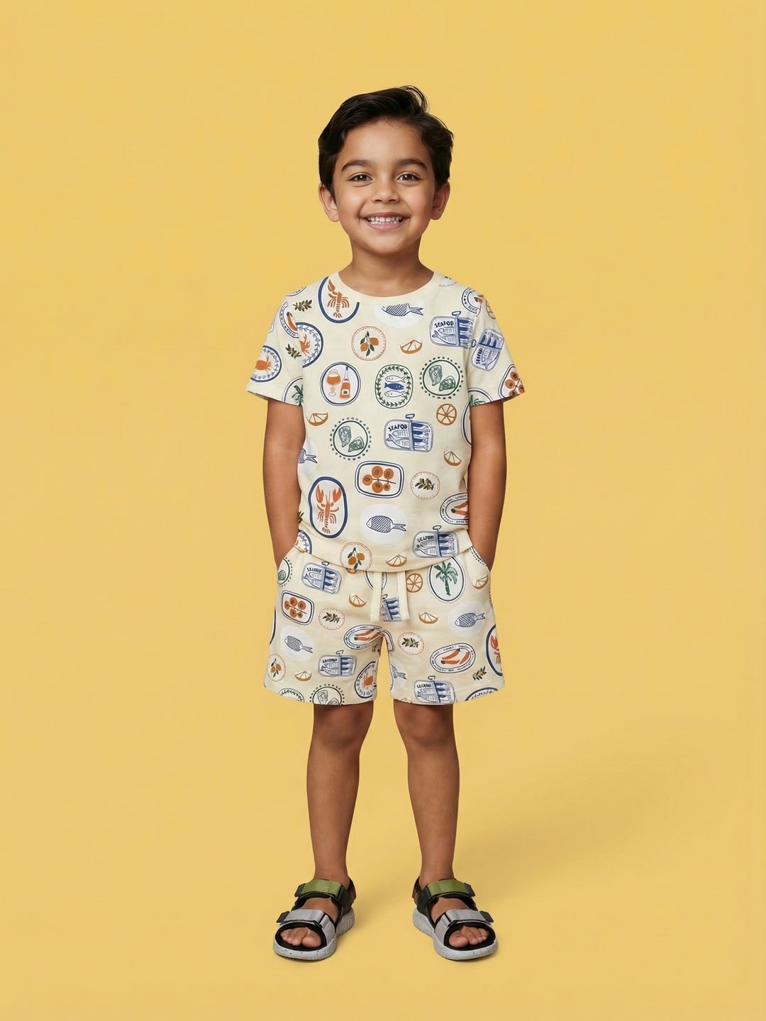 Nautinati Boys Off-White Cotton All Over Print Half-Sleeve Summer T-shirt and Shorts Set