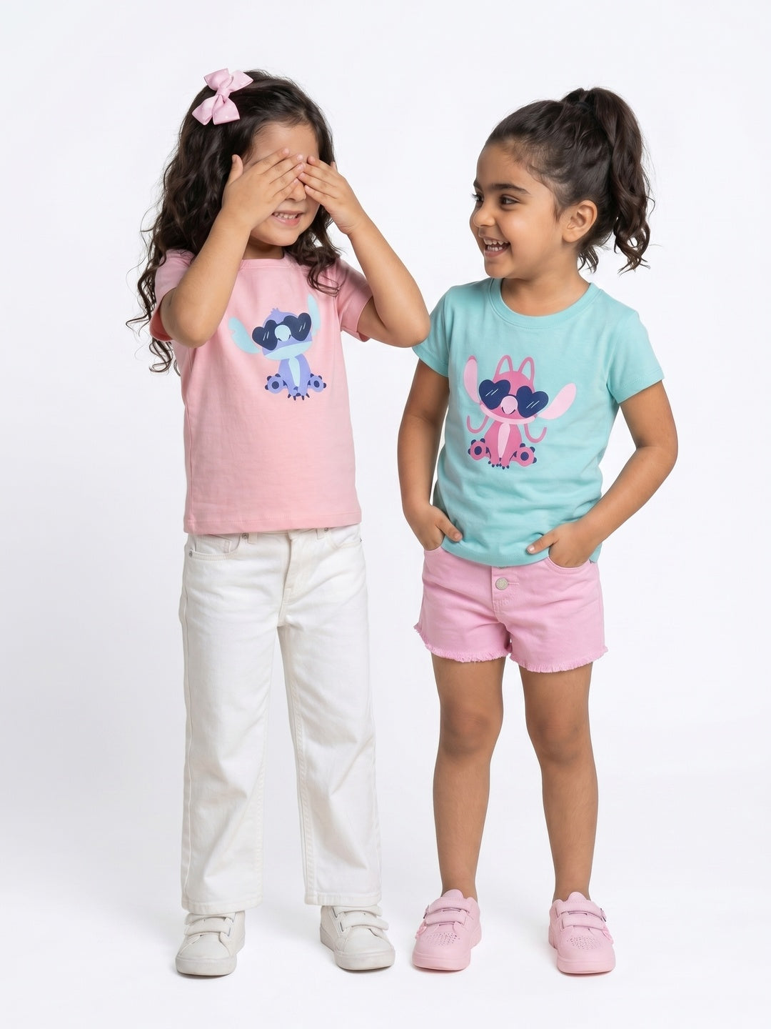 Nautinati Girls' Cotton Pack of 2 Disney Lilo & Stitch Printed T-shirts