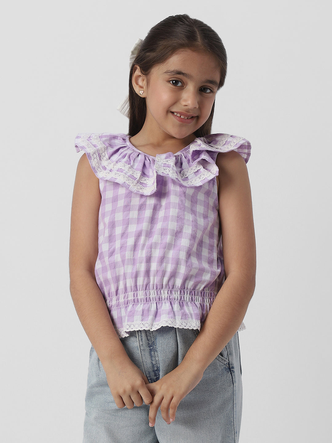 Nautinati Girls Cotton Peterpan Collar Sleeveless Gingham Checks Top