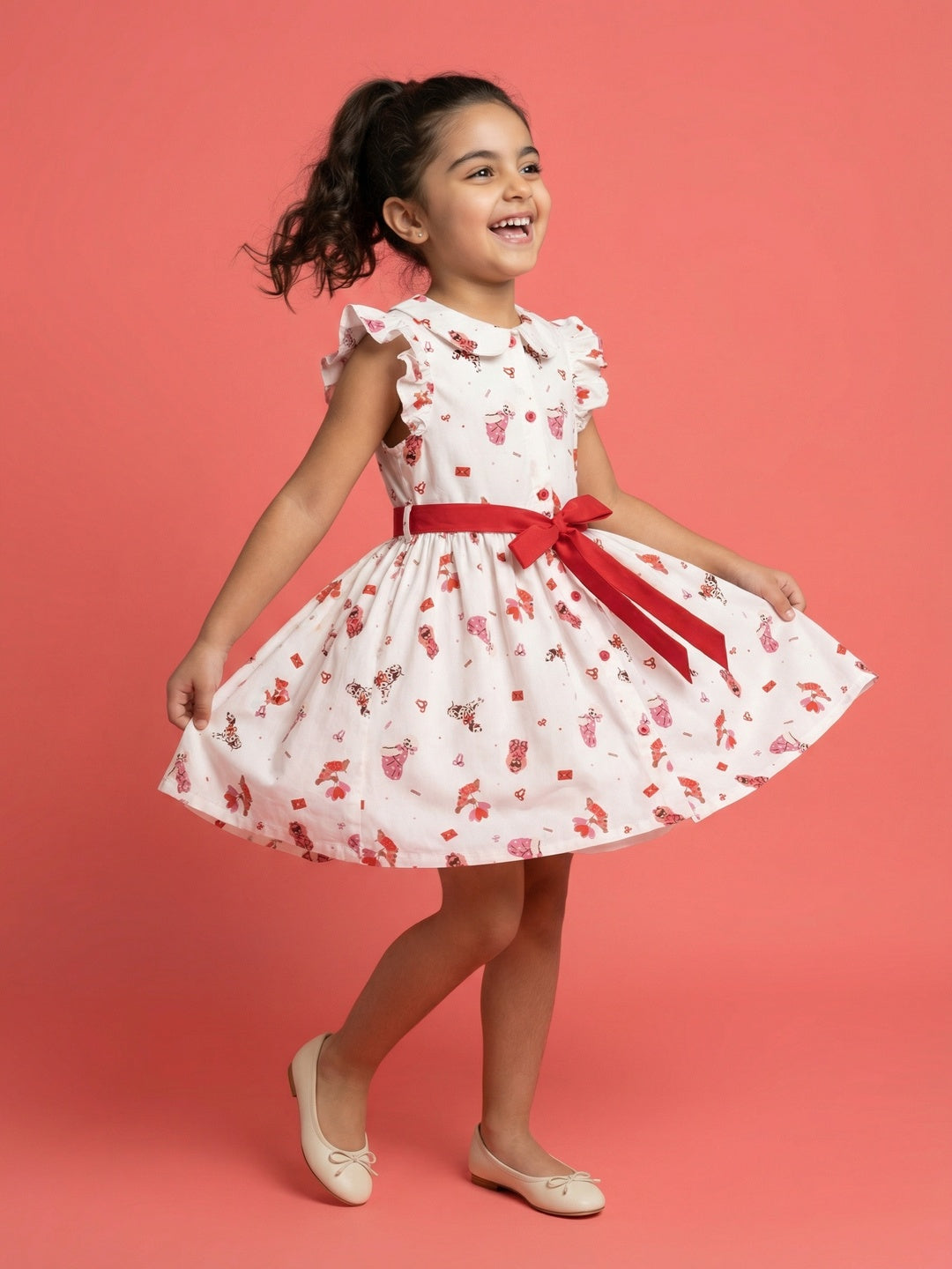 Nautinati Girls' 100% Cotton Valentine's Day Theme Pet Dogs All-over Print Shirt Dress with Peter Pan Collar
