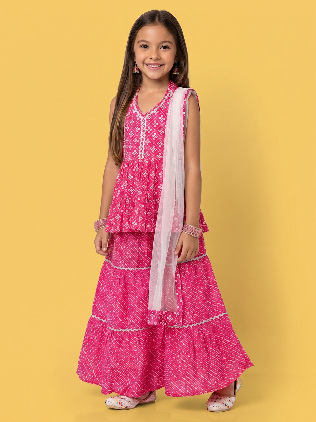 Nautinati Girls' 100% Cotton Sharara Set with Net Dupatta with Empire-style Kurti & Zari Work
