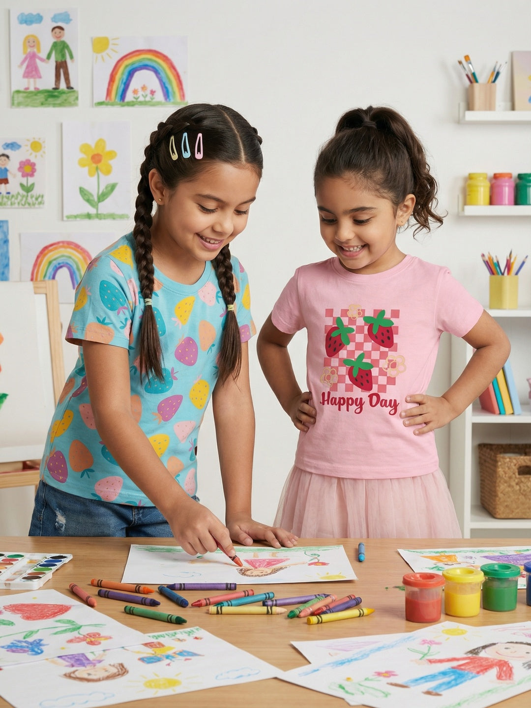 Nautinati Girls' 100% Cotton Pack of 2 Strawberry Graphic & All-over Print Crew Neck T-shirts