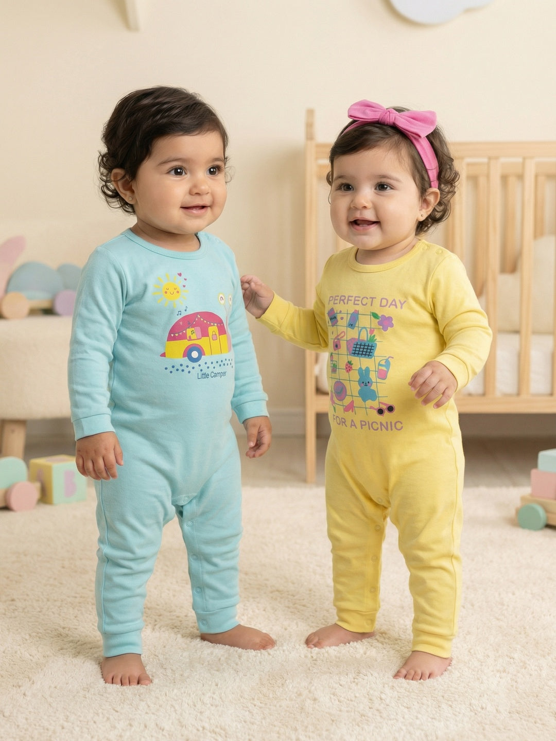 Nautinati Baby Girls' 100% Cotton Pack of 2 Printed Sleepsuits