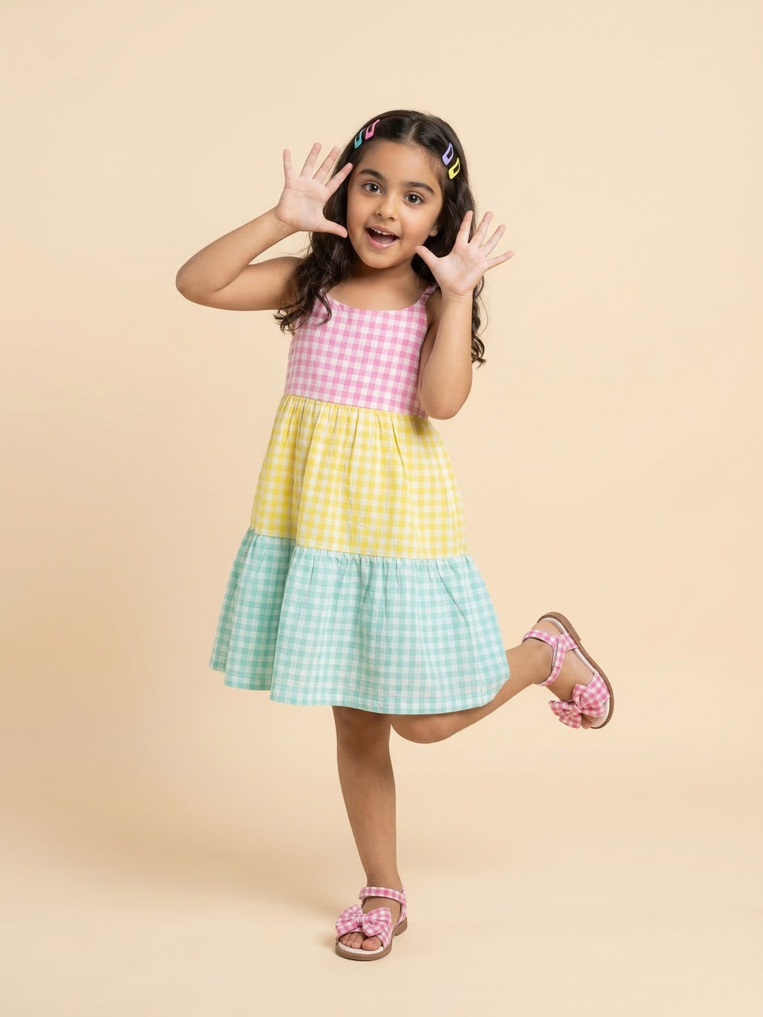 Nautinati Girls' Cotton Blend Colourblock & Gingham Chequered Gathered Strappy Dress