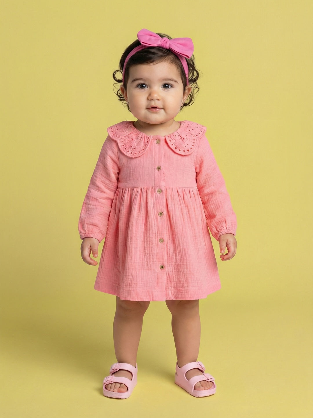 Nautinati Girls' Premium Double Cloth Textured Solid Fit & Flare Dress with Schiffli Peter Pan Collar