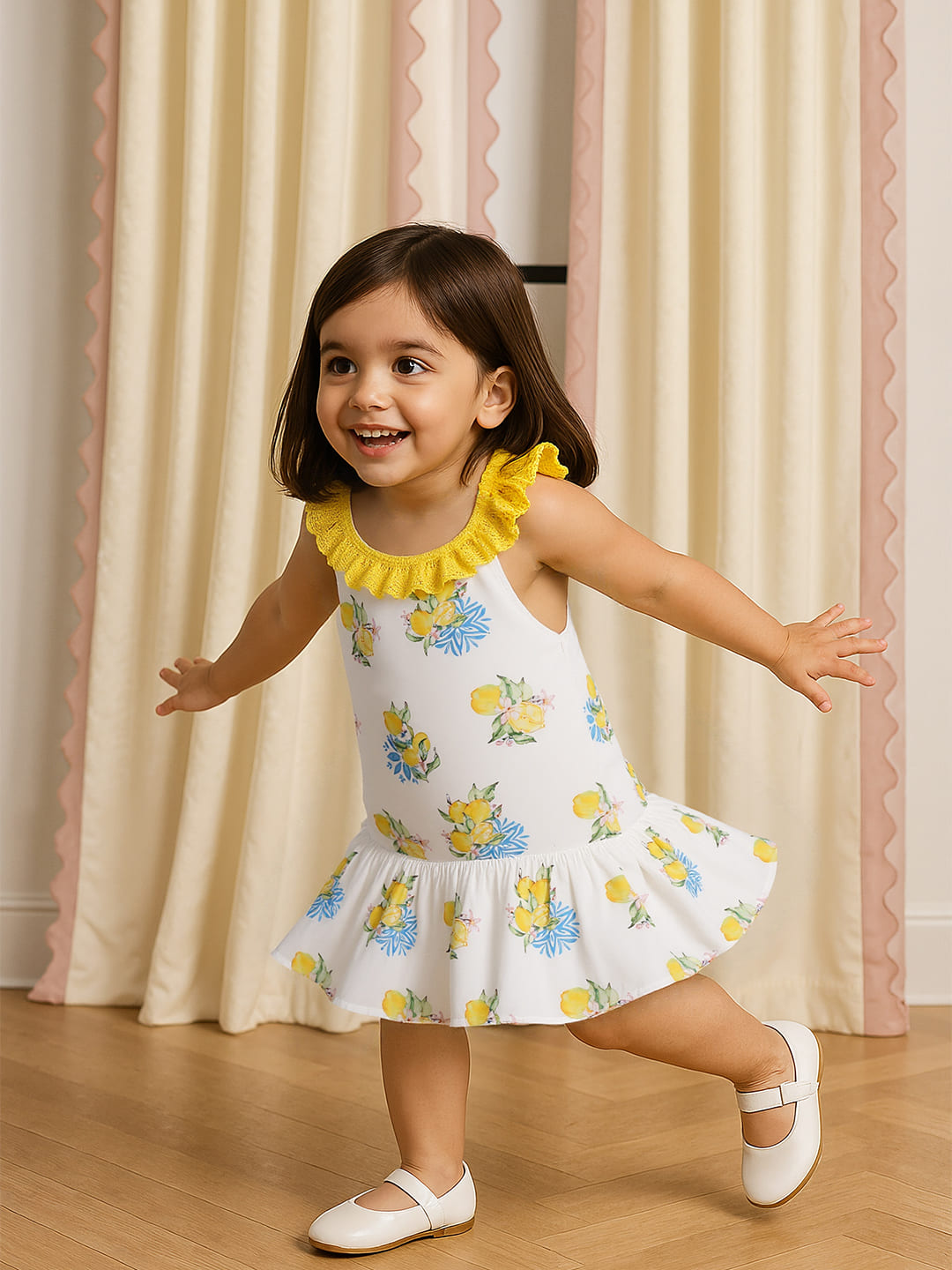 Nautinati Lemon Print White Dress For Girls