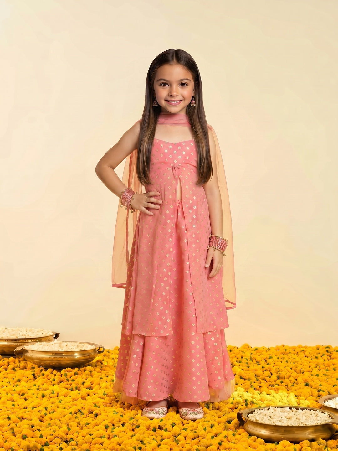 Nautinati Girls' Georgette Blend Ready-to-wear All-over Gold Toned Foil Print Lehenga & Blouse with Net Dupatta