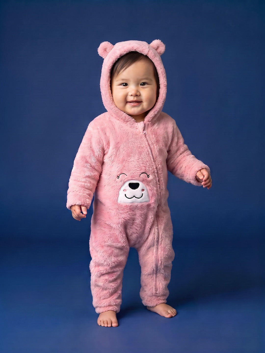 Nautinati Baby Girls Regular Fit Hooded Bear Fur Sleepsuit with Front Zip