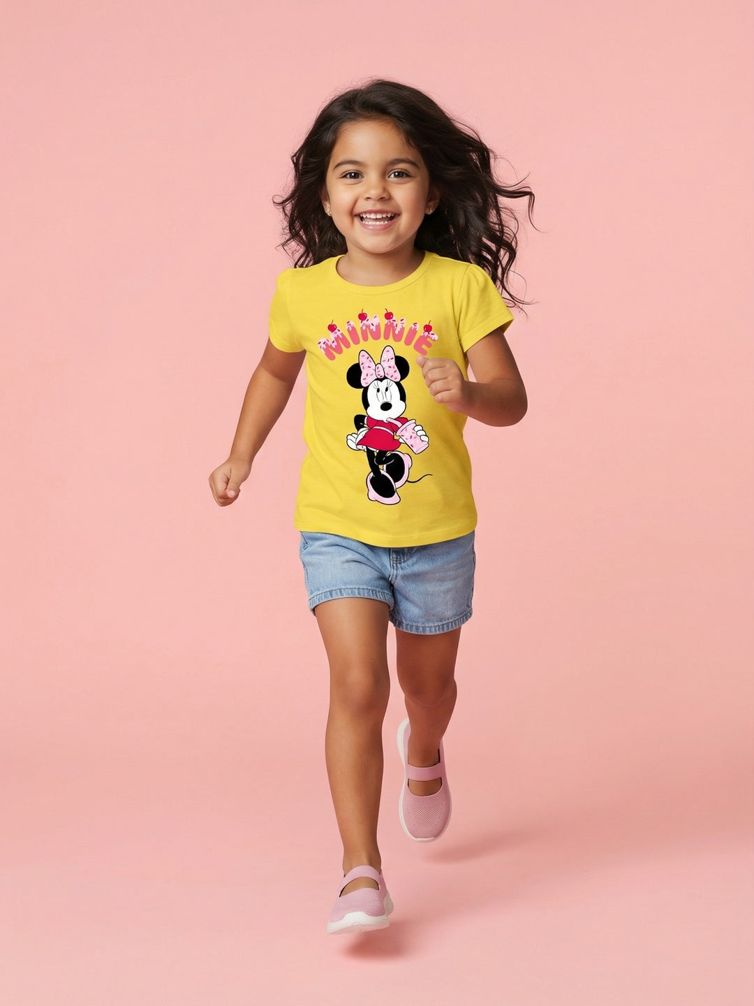 Nautinati Girls' 100% Cotton Crew Neck Disney Minnie Mouse Cupcake Placement Print T-shirt