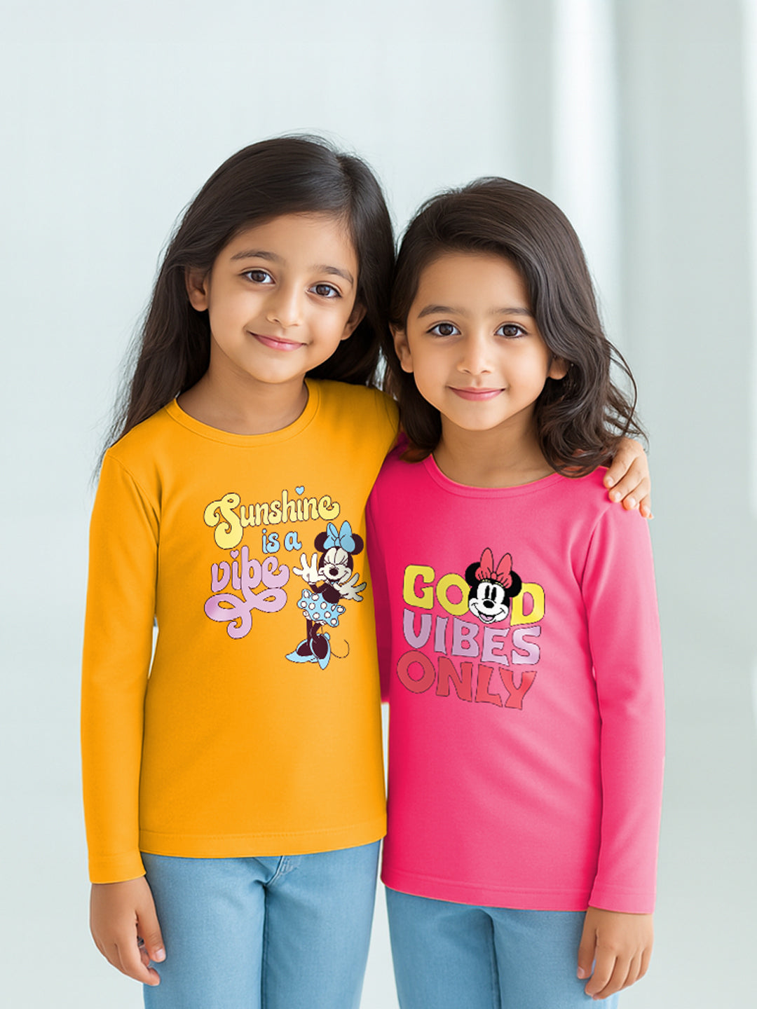 Nautinati Pack of 2 Pink and Orange Minnie Mouse Print T-shirts for Girls