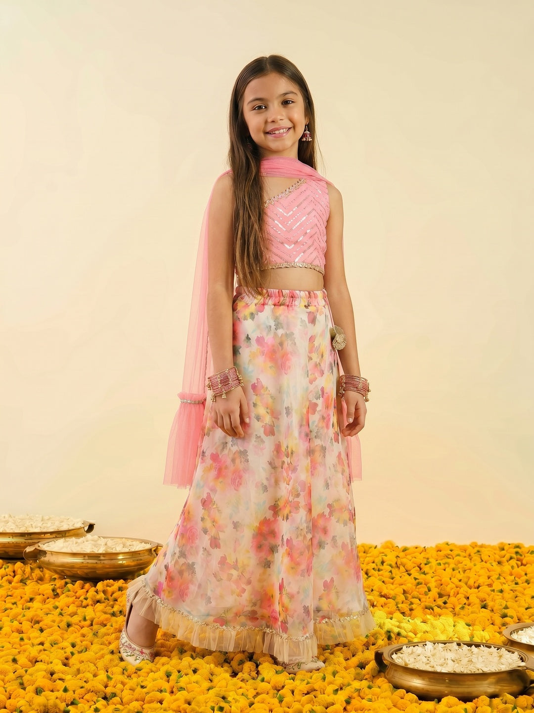 Nautinati Girls' All-over Floral Print Lehenga with Embellished Sequinned One-shoulder Choli Set with Net Dupatta