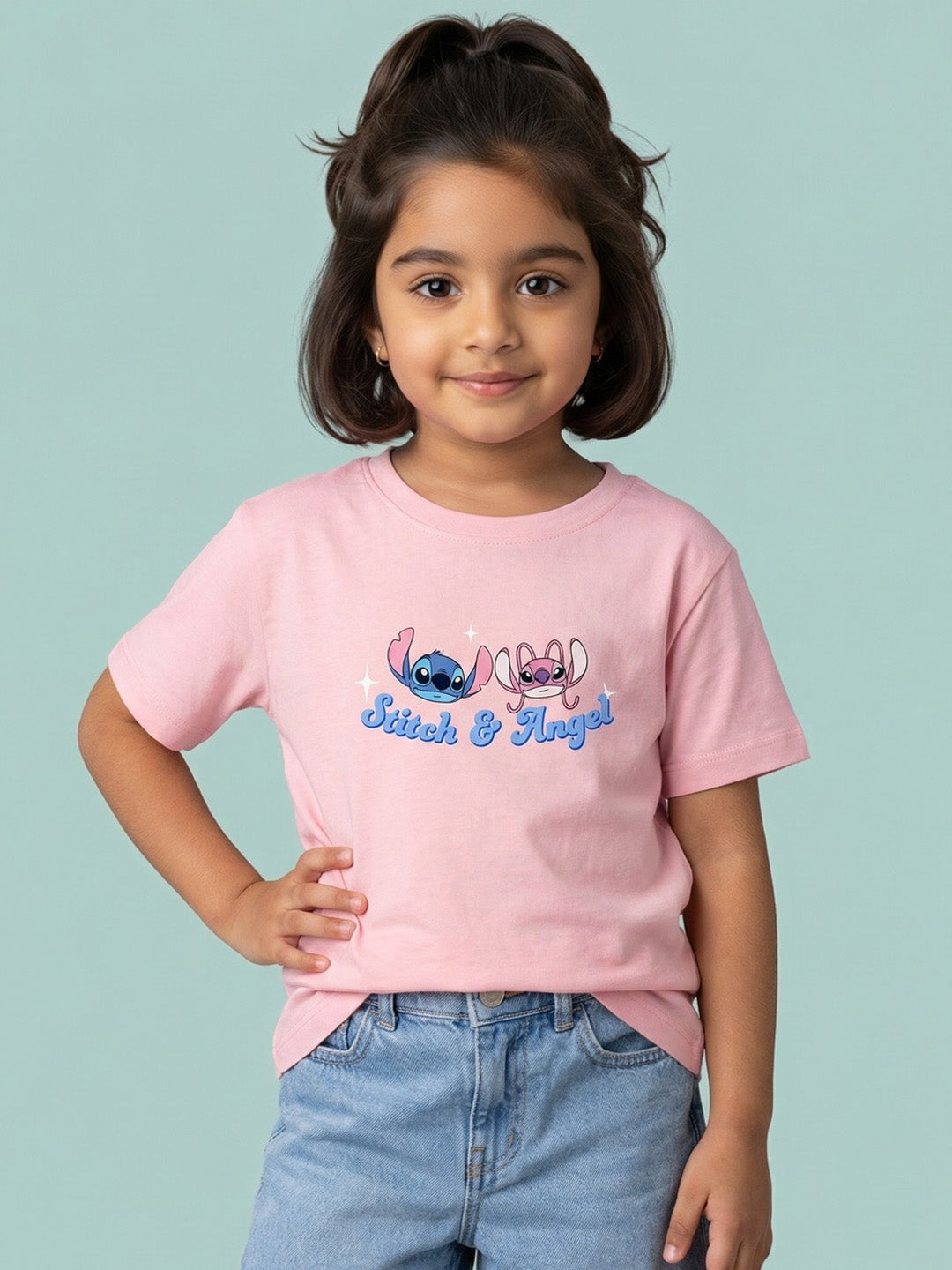 Nautinati Girls' 100% Cotton Disney Lilo & Stitch Front & Back Graphic Oversized T-shirt