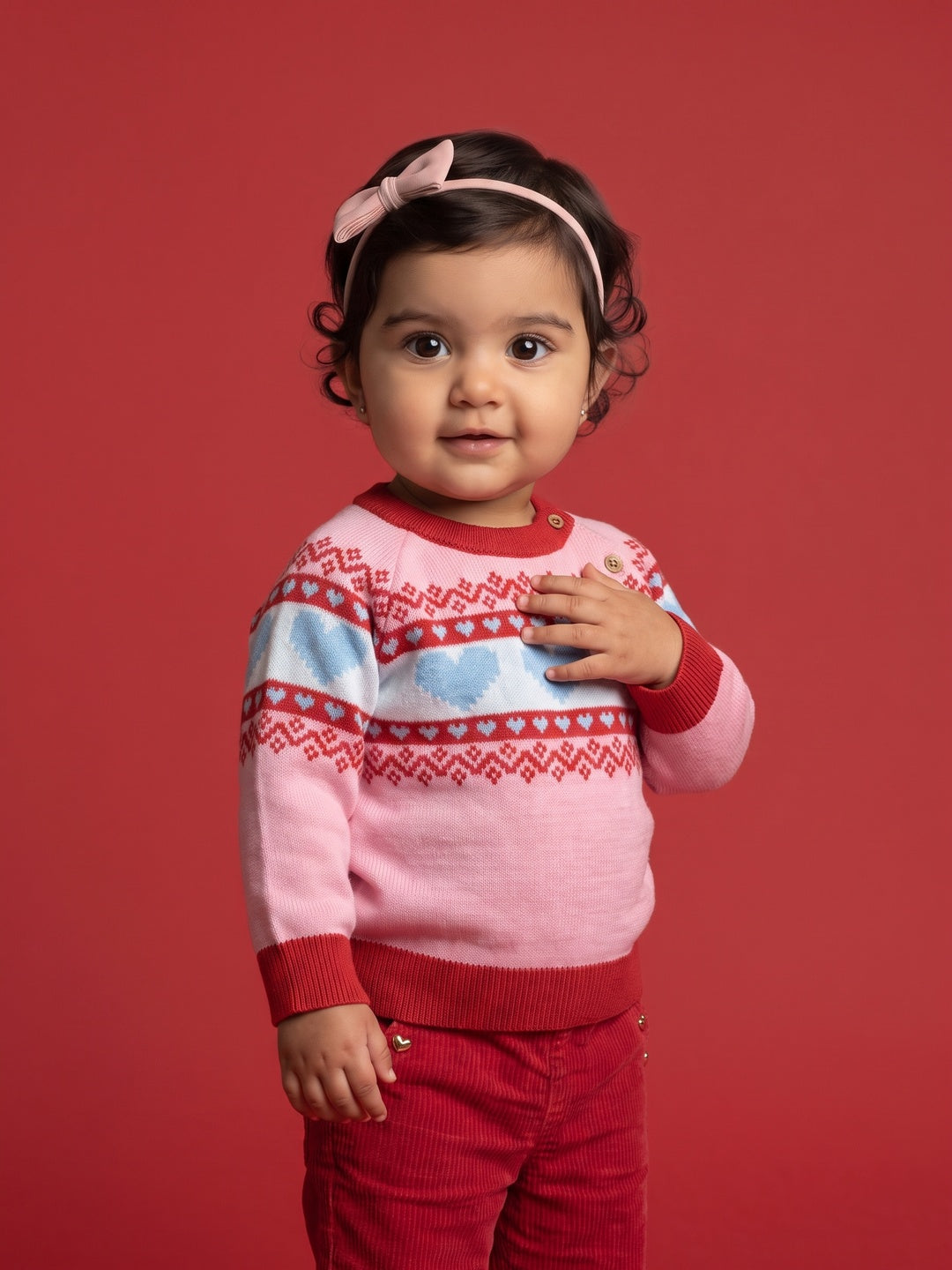 Nautinati Baby Girls Hearts Fairisle Knit Sweater with Button Closure, Relaxed Fit